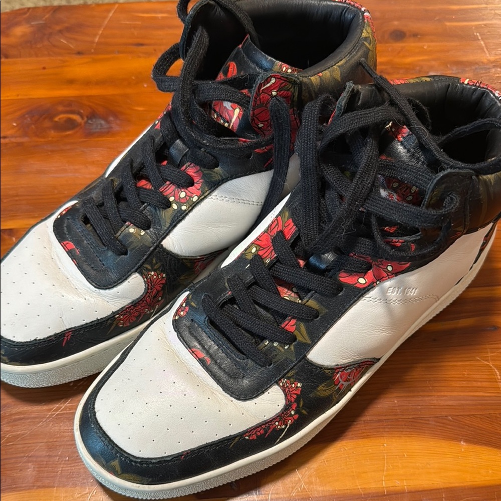 High-Top Sneakers with Black, White, and Red Accents